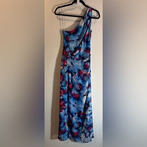 CYNTHIA STEFFE Sz 2 100% Silk Elegant Blue and Pink One-Shoulder Maxi Dress Gown